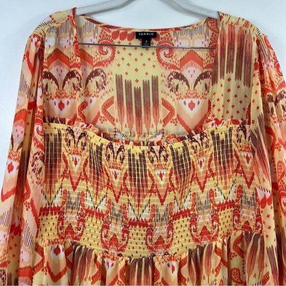 Torrid Yellow Orange Tribal Smocked Ruffle Square Neck Sheer Sleeve Blouse 3X - Picture 3 of 14